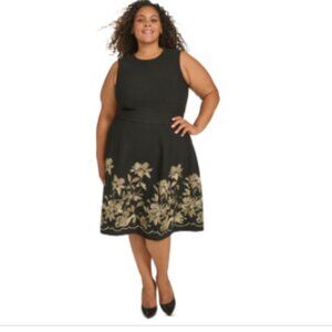 Calvin Klein Plus Size Embroidered-Skirt Fit & Flare Dress - Black Gold